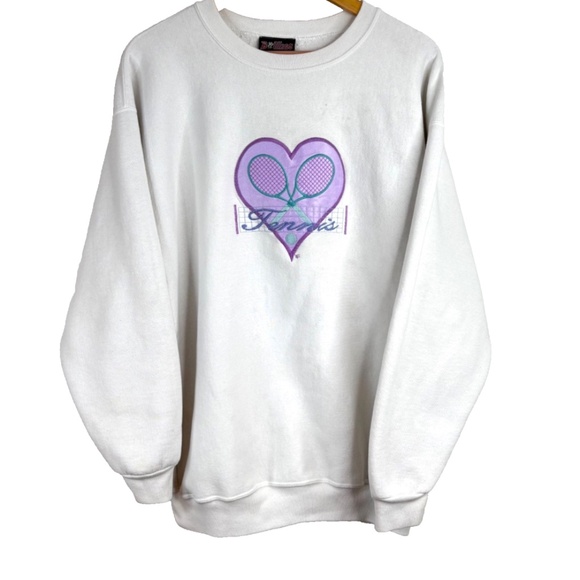 Vintage 90 Tennis Crewneck Sweatshirt XL Embroidered Retro Coach Bee Wear White - Picture 1 of 10